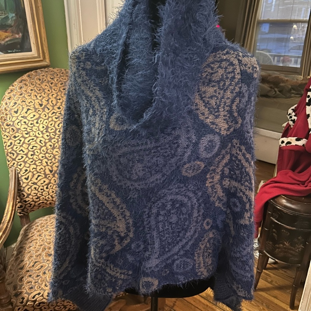Women's Navy Blue Paisley Fuzzy Cowl Neck Sweater